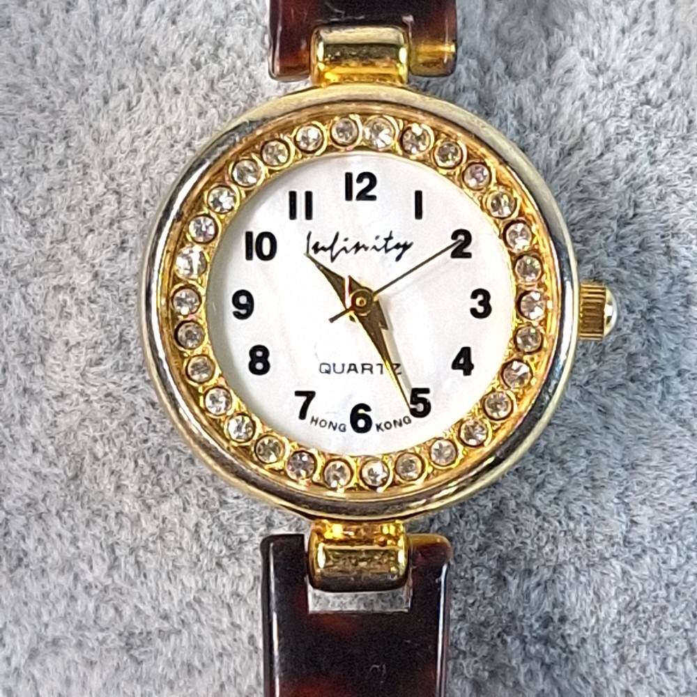 Infinity Vintage MOP Tortoise Shell Gold Tone Ladies Quartz Watch, New Battery